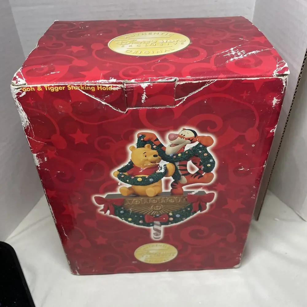 Disney Store Winnie Pooh & Tigger Christmas Stocking Holder Hanger Vtg w/Box